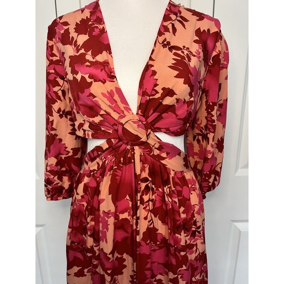 Fuchsia Floral V-Neck Cutout Backless Maxi Dress Size M Medium - Picture 9 of 11